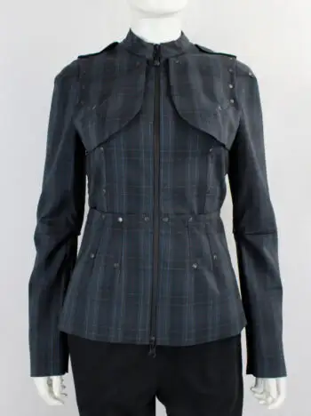 shop vintage A.F. Vandevorst blue tartan panelled jacket with bronze studs fall 2010