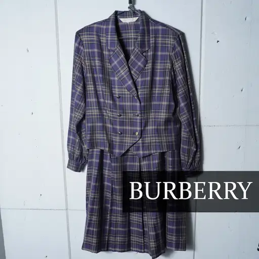 【BURBERRY】バーバリー シルク混ウールダブルブレストジャケット・スカートセットアップ　purple