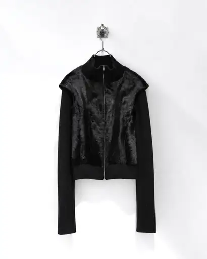 F/W2003  Miu Miu - combined goat fur & rib knit cap sleeve zip jacket
