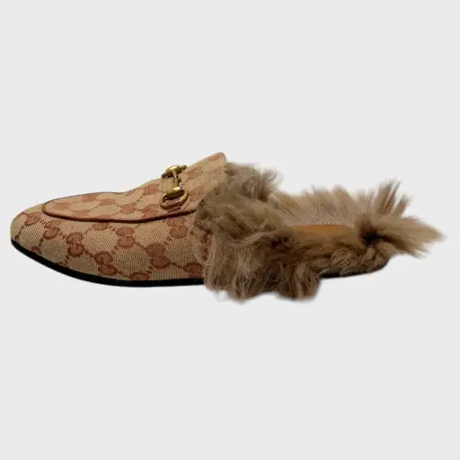 Tan Monogram Princetown Horsebit Fur Mules