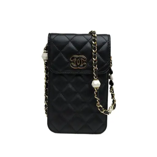 CHANEL Black Laser Label Gold Hardware 23P Enamel Chain Phone Bag Black Lambskin