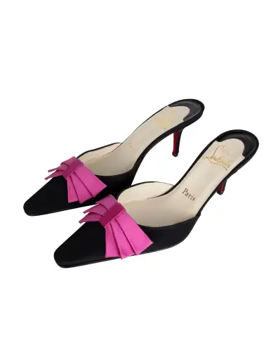 Christian Louboutin Vintage Pink Satin Bow and Black Grosgrain Mule Heels