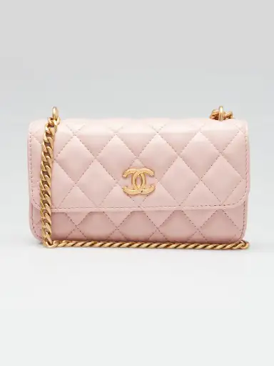 Chanel Light Pink Quilted Lambskin Leather Sweet Camellia Flap Phone Holder Bag