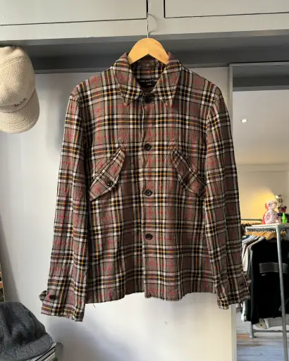 2004 Crinkled Brown Red Black Plaid Work Jacket (S~M)