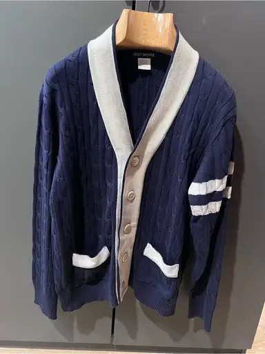 Issey Miyake Navy and White Contrast-Trim Shawl Cardigan