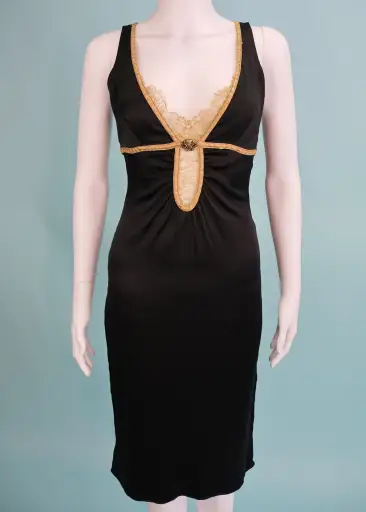 Roberto Cavalli Fall 2006 Black Silk Satin Lace Insert Dress