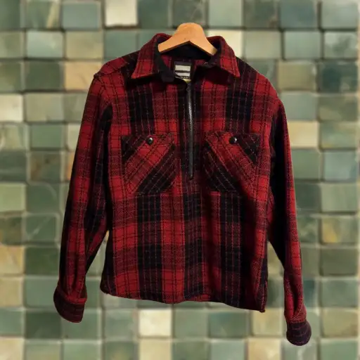 Momotaro Jeans Red Black Check Wool Half-Zip Shirt Size 38 Mens Medium