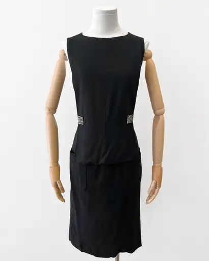 Chanel black sleeveless dress with front pockets and square buttons