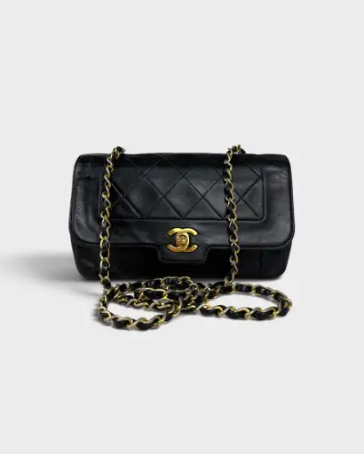1980s Vintage Chanel Black Lambskin Diana Square Single Flap Bag 24K GHW