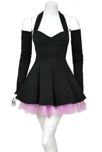 1992 Dolce & Gabbana Runway Black Stretch Cotton & Lilac Tulle Halter Mini Dress w/ Gloves
