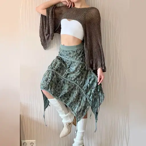 Y2K Vintage Cop Copine Gathered Parachute Skirt – Asymmetrical Floral Midi