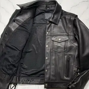KADOYA カドヤ メンズL ライダース ジャケット Gジャン 3rdタイプ ベスト 裏地メッシュ本革 サイドレースアップ 2way 袖着脱 黒 ブラック