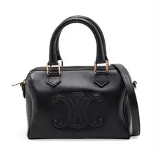 Celine Cuir Triomphe Small Boston Handbag Leather Black Unisex #ALB8989