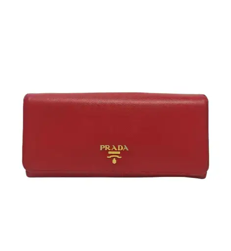 PRADA red cowhide leather cross pattern wallet gold hardware