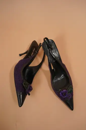 MIU MIU Floral Appliqué Tweed Slingback Heels (37)
