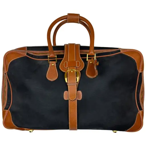Vintage Gucci Suitcase Black Canvas Tan Leather Travel Bag Made in Italy Large
