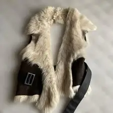KARL DONOGHUE Ivory Fur Vest with Black Leather Belt XS(SS)
