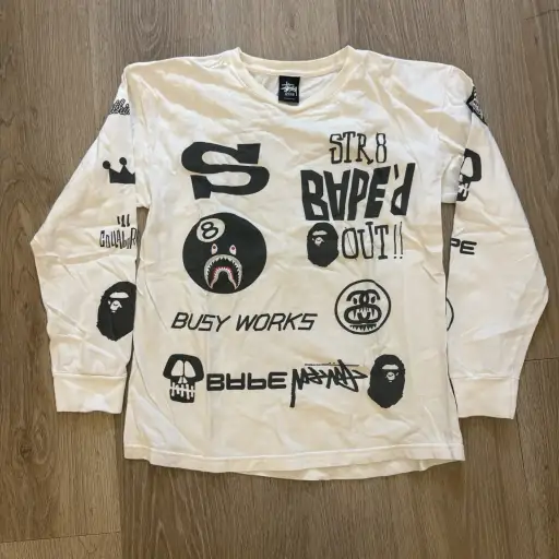 0029 Bape X Stussy Logos L/S Tee White Medium