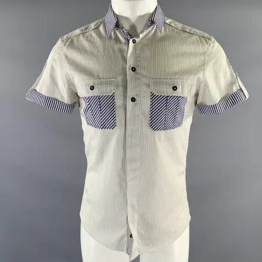 D&G by DOLCE & GABBANA Size XS White Navy Stripe Cotton Short Sleeve Shirt
