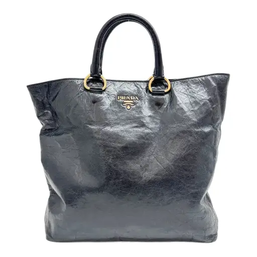 Large Black Crinkled Leather Two Way Tote Bag