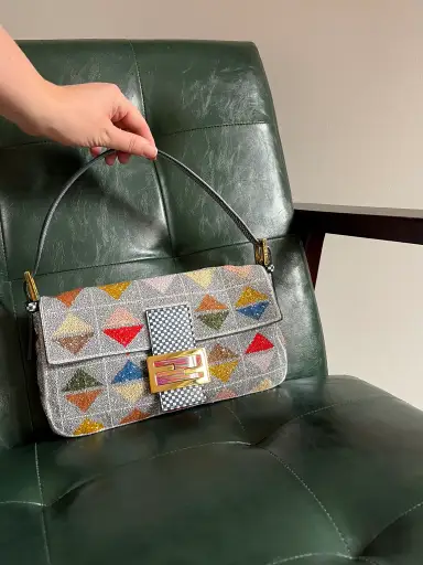 Ultra rare! Limited Edition vintage Fendi grey geometric multicoloured beaded baguette