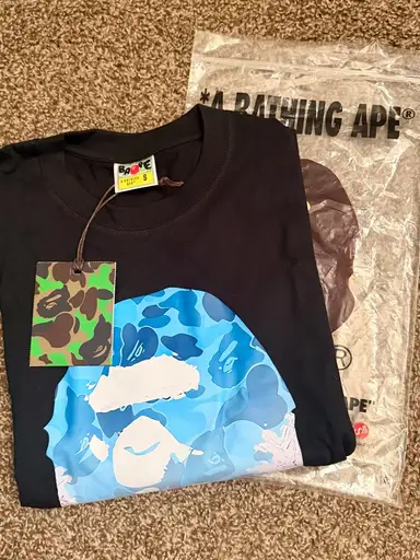 A Bathing Ape Black Tee with Blue and Pink Cherry-blossom  Ape Graphic