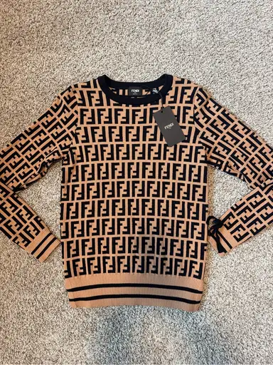 Fendi Tan and Black FF Logo Crewneck Sweater