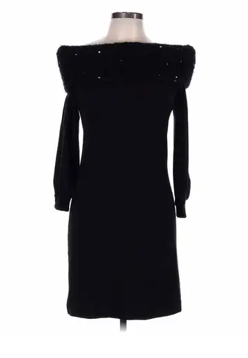 $3266 Brunello Cucinelli Black Virgin Wool Sequin Trim Off-Shoulder Dress L