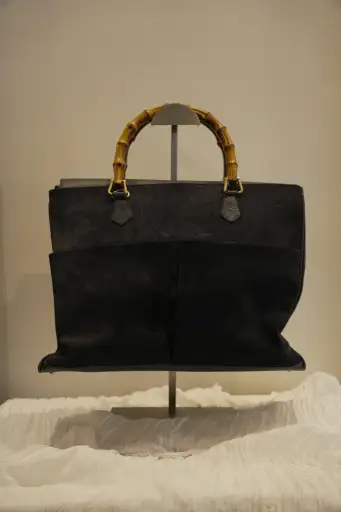 Gucci Black Suede Large Tote Handbag with Bamboo Handle