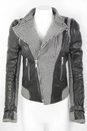Vintage Y2k Balenciaga Houndstooth Wool and Leather Jacket - S