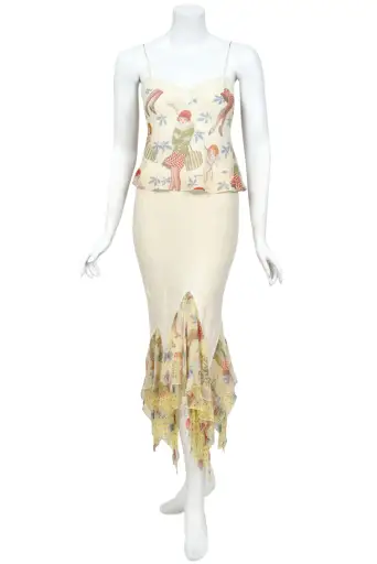 2004 John Galliano 'Cherubs & Flappers' Whimsical Print Silk Camisole & Cashmere Knit Bias-Cut Skirt Set