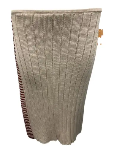 Chanel Size 42 Beige & Red Cotton Knit Ribbed Rhinestones Knee length Skirt
