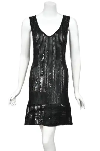 1996 Azzedine Alaia Beaded Sequin Black Semi-Sheer Stretch Knit Flounced Mini Dress