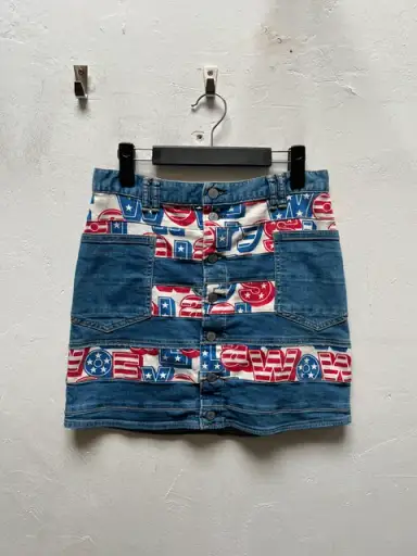Hysteric Glamour American Flag Text & Denim Patchwork Skirt