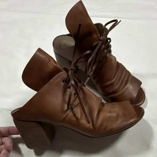 Marsell Womens EU 40 Brown Leather Lace Up Peep Toe Block Heel Made in Italy