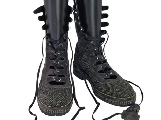 Grey Herringbone Tweed Lace-Up Combat Boots